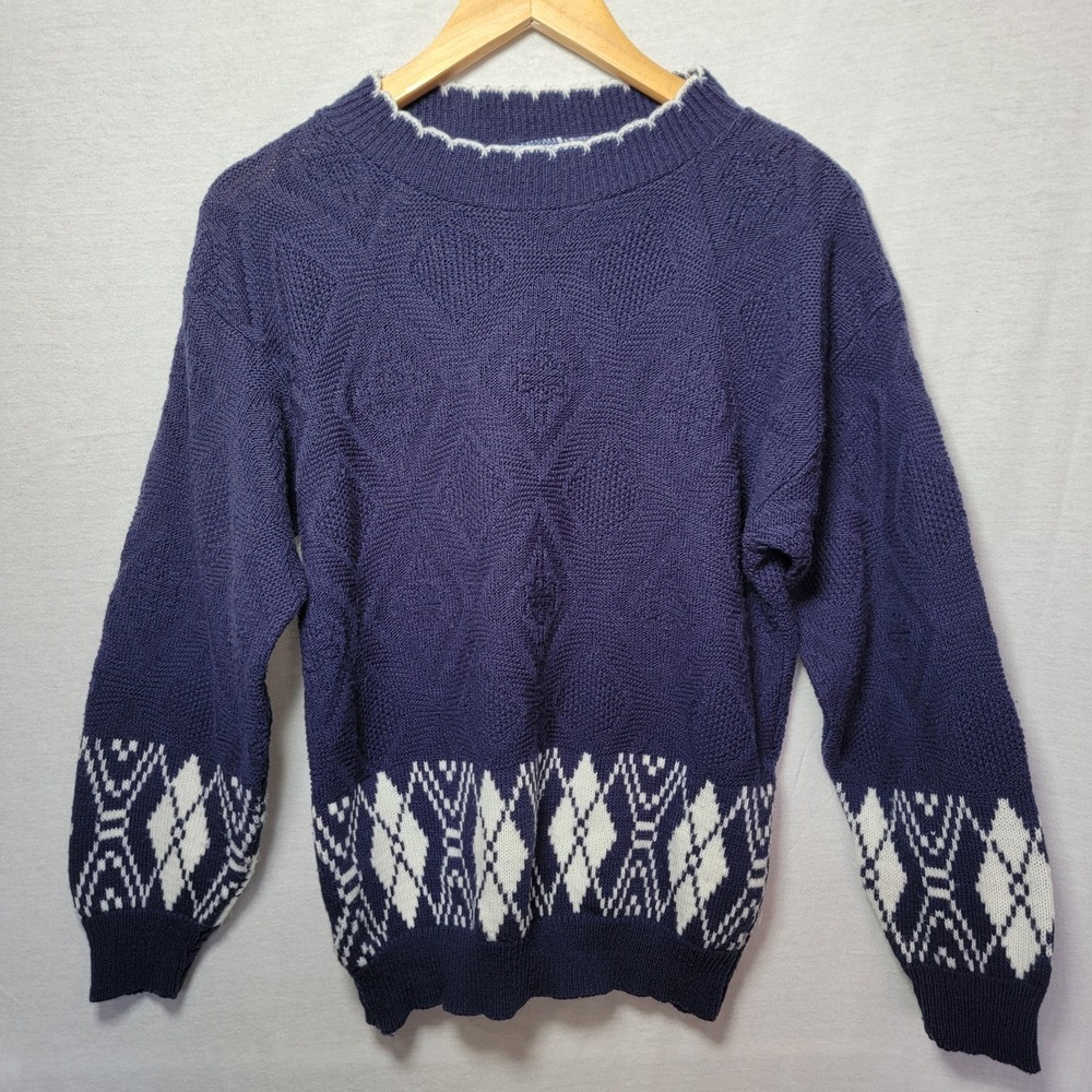 Vtg USA Made American Pride Sweater Med. Navy White Argyle Pattern Acrylic 90s‎